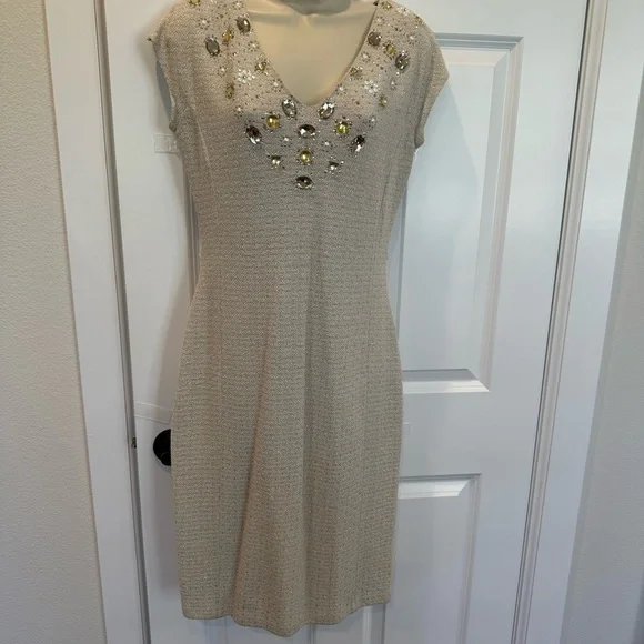 slim fit dress slacks St. John Metallic Gold Pleated Knit Dress Size 2 – Flower Moon Boutique main image 0